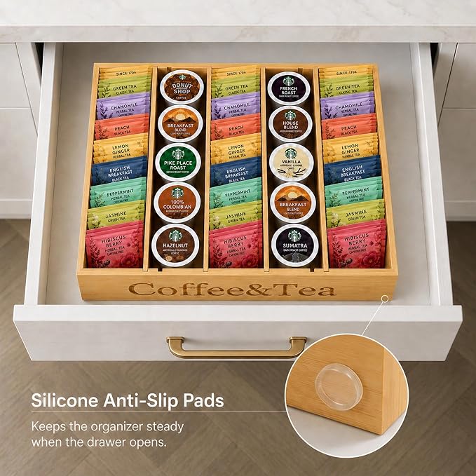 MinBoo Premium Bamboo Coffee Station & Tea Bag Organizer Box -7 Adjustable Slots - Image 2
