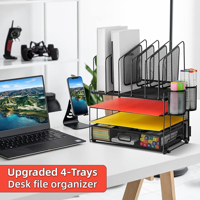 Marbrasse Desk organizer with Drawer, 4-Tier Mesh File Organizer with 5 - Image 3