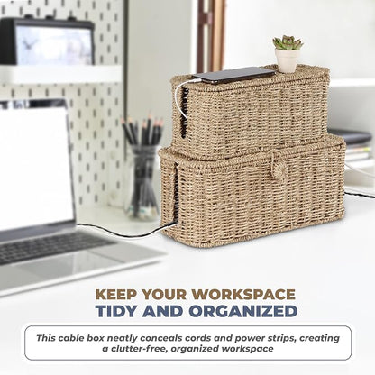 2-Pack Large Cable Management Box, Natural Rattan Cable Cord Organizer Boxes - Image 7