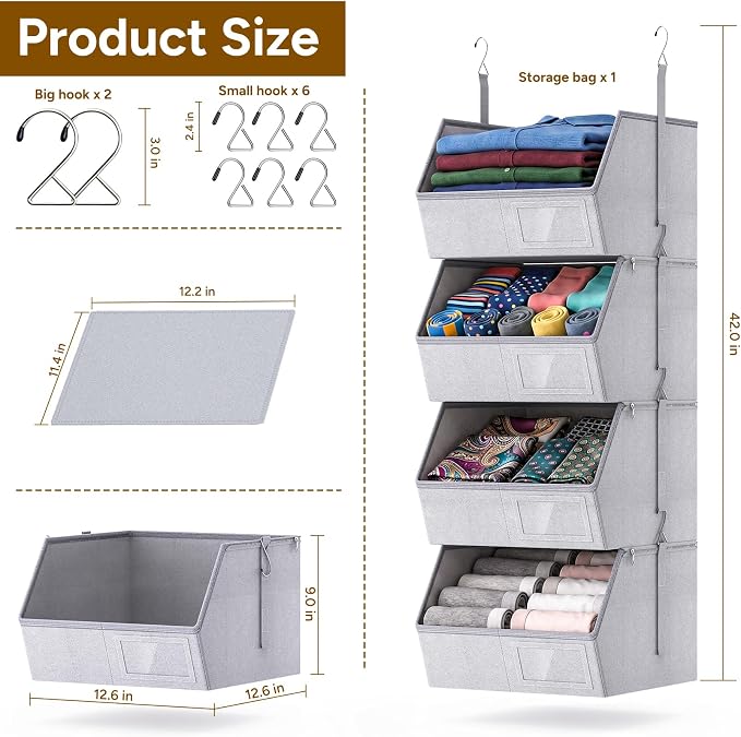 4-Tier Hanging Closet Organizer, Detachable Hanging Storage Shelves - Image 3
