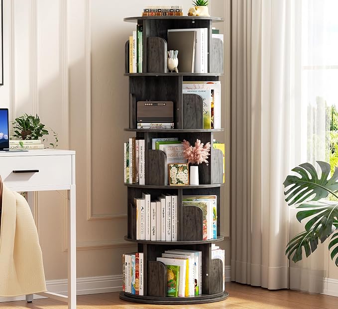 Aheaplus 5 Tier Rotating Bookshelf, Wood Spinning Bookshelf Tower, Round by Aheaplus