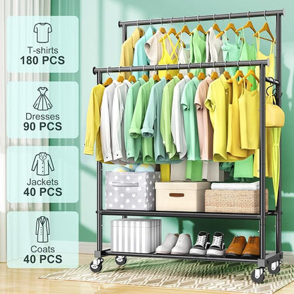 Double Rods Clothes Rack for Hanging Clothes, Heavy Duty Rolling Clothing Rack - Image 3