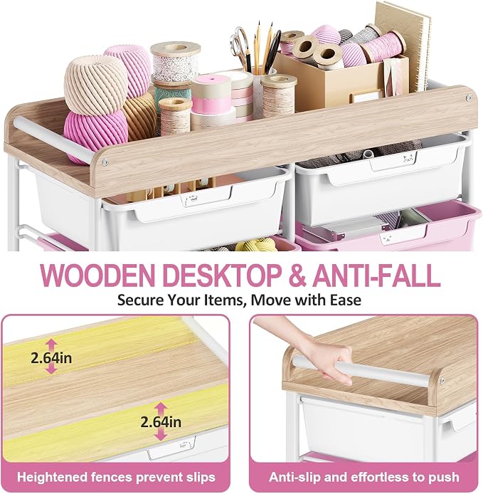 10 Drawers Rolling Cart with Wooden Tabletop, Utility Storage Cart with Wheels - Image 4