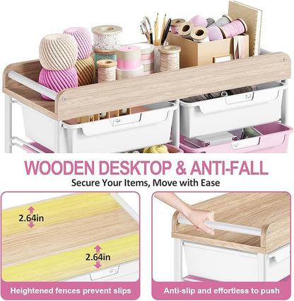 10 Drawers Rolling Cart with Wooden Tabletop, Utility Storage Cart with Wheels - Image 4