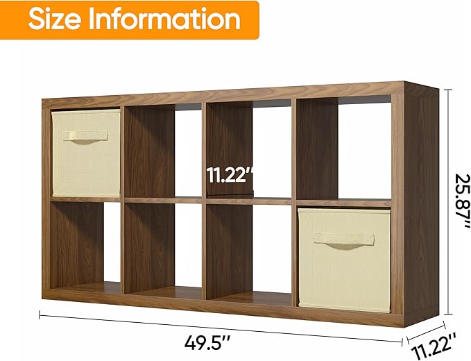 furtble Bookshelf with Storage Bins, 8-Cube Storage Organizer, Modern Wood Open - Image 3