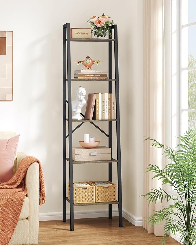 Hoctieon 5-Tier Industrial Ladder Bookshelf, Narrow Ladder Shelf, Tall Standing by Hoctieon
