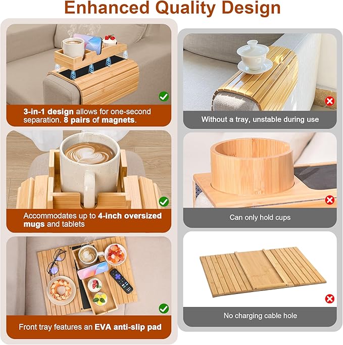 Joy&Grace Couch Cup Holder, 3-in-1 Magnetic Detachable Couch Arm Tray, Bamboo - Image 6