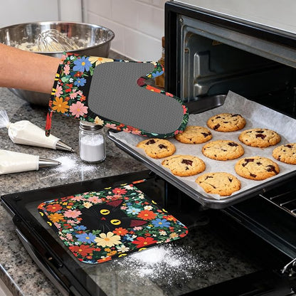 Funny Black Cat Heat-Resistant Silicone Oven Mitts and Pot Holders 4 Piece Set - Image 4