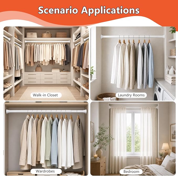 No Drilling Closet Rods for Hanging Clothes, Adjustable 30-88 in | White - Image 6