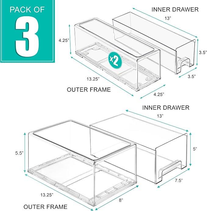 Sorbus 1 Large & 2 Small Clear Stackable Storage Drawers – Plastic Organizer - Image 3