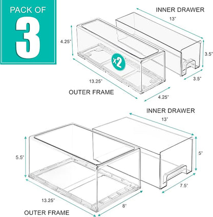 Sorbus 1 Large & 2 Small Clear Stackable Storage Drawers – Plastic Organizer - Image 3