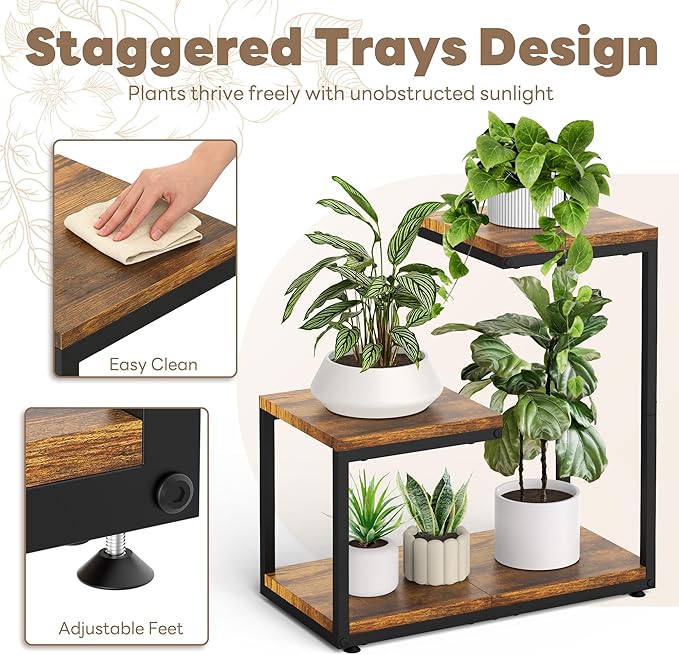 3 Tier Plant Stand Indoor, Thickened Metal Wood Corner Plant Shelf Stands - Image 3