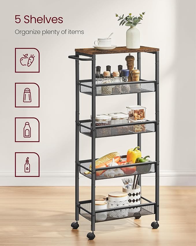 VASAGLE Slim Rolling Cart, 5-Tier Storage Cart, Narrow Cart - Image 4
