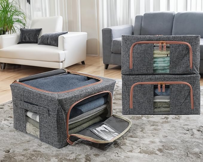 Linen Clothes Storage Bins, 2 Opening Ways Fabric Visible Lidded Storage Box - Image 2