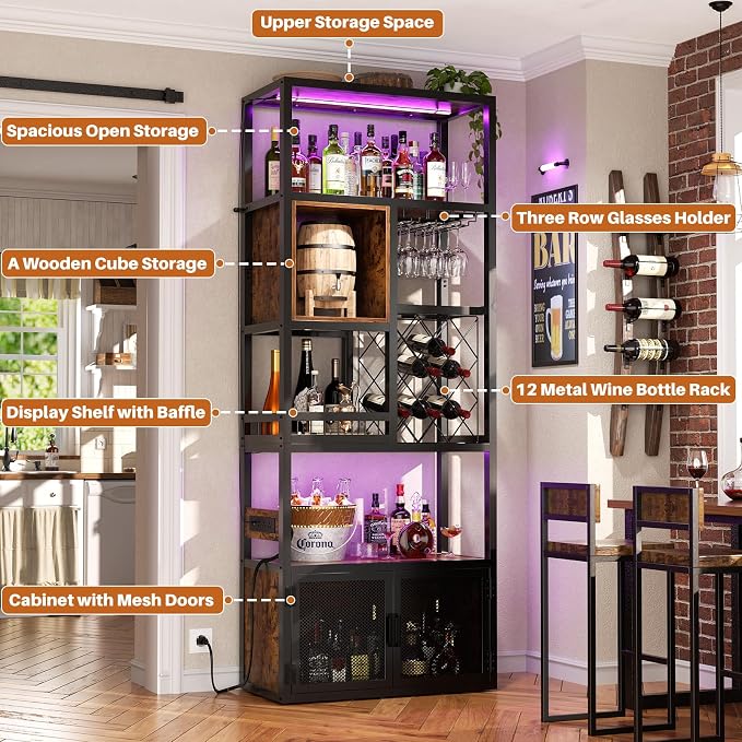82.6" Tall Bar Cabinet with Power Outlets, 6-Tiers Reversible Wine Cabinet with - Image 6