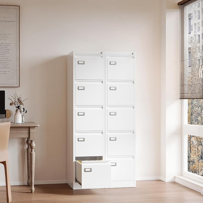 File Cabinets - 5 Drawers Vertical 17.8" Deep Lockable Filing Cabinet - White - Image 5