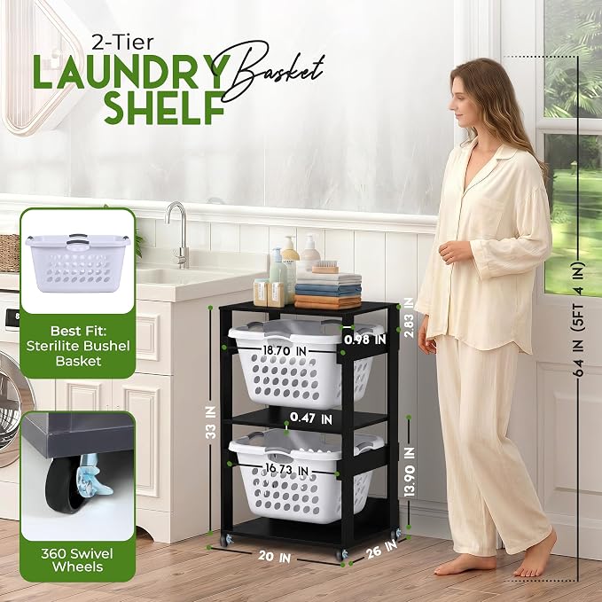 Laundry Basket Holder Shelf, Stackable Laundry Sorter, 2 Tier | Engineered Wood - Image 2