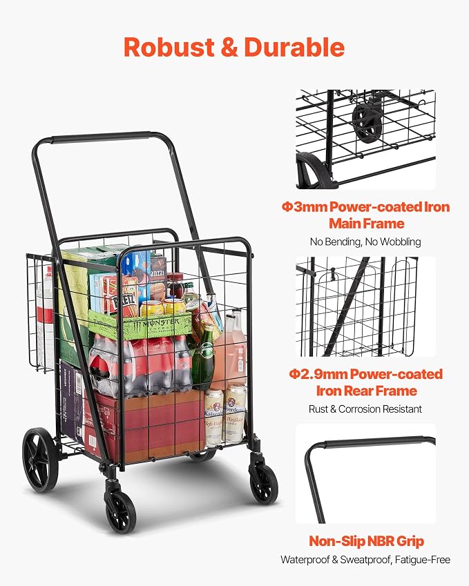 VEVOR Folding Shopping Cart, Double Baskets, 360° Swivel Wheels, 110 LBS Large - Image 6