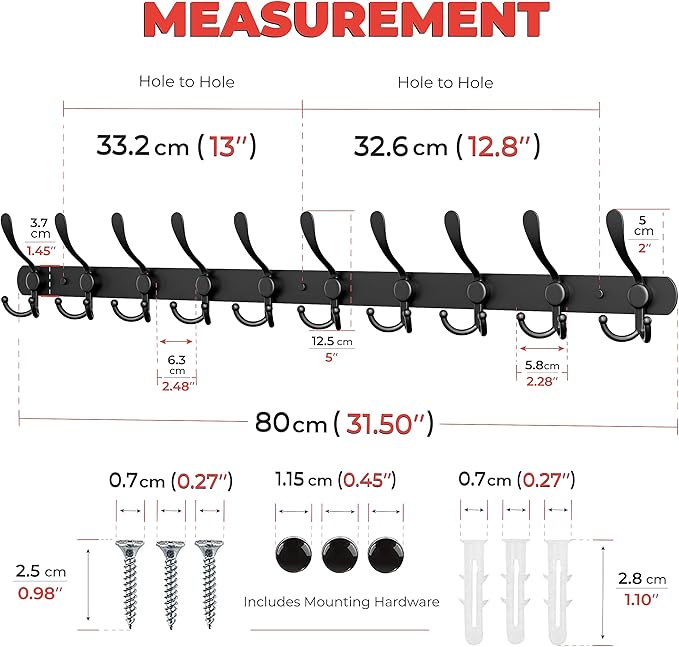 Coat Rack Wall Mount with 10 Tri Hooks, Stainless Steel 32 Inch – Black Matte - Image 2