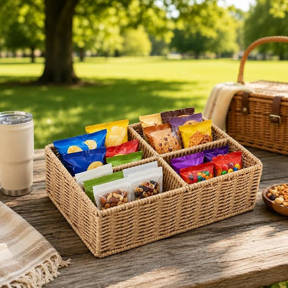 Paper Rope Woven Snack Organizer Basket, 4 Compartment Countertop Storage Bin - Image 8