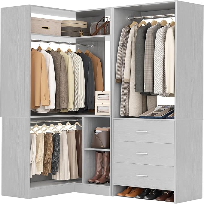 Aheaplus Closet System with 3 Drawers, 2 Hanging Rods & Corner Tower, Corner by Aheaplus