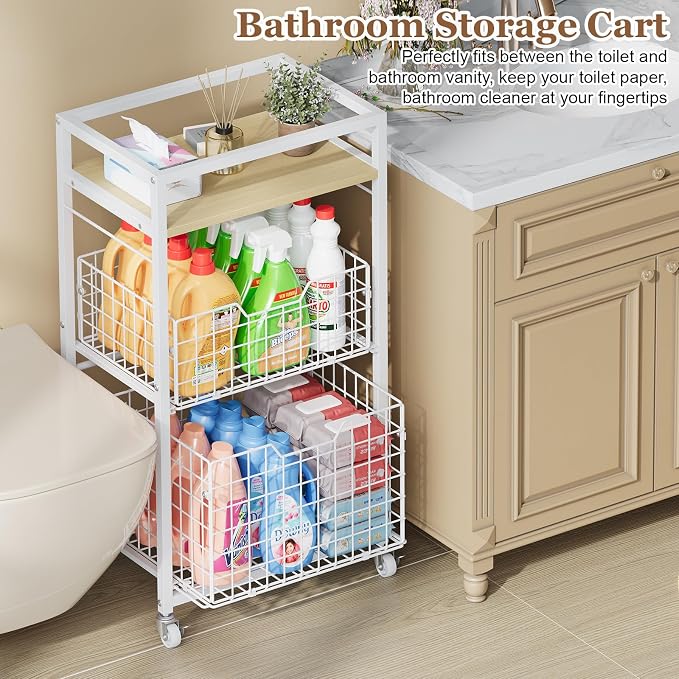 3 Tier Laundry Room Cart with Pull-Out Baskets, Utility Cart Rolling Storage - Image 9