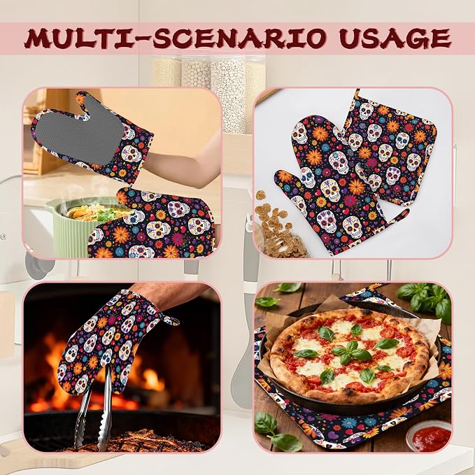 Mexican Skull Heat-Resistant Silicone Oven Mitts and Pot Holders 4 Piece Set - Image 6