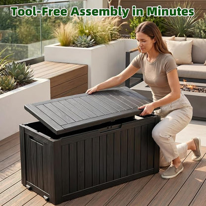 92Gal Outdoor Storage Box Deck Box Waterproof & UV Resistant w/ Wheels | - Image 6