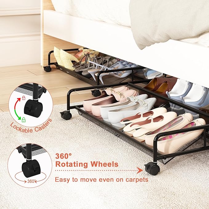 Under Bed Shoe Storage Organizer, 2 Pack Metal Mesh Under Bed Storage Containers - Image 6