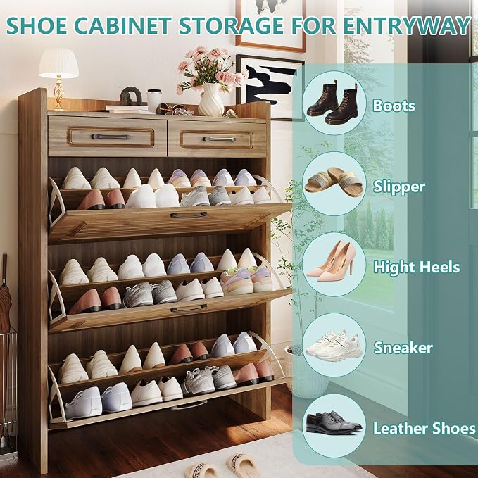 Shoe Cabinet with 3 Large Flip Drawers and 2 Storage Drawers, Narrow Shoe - Image 5
