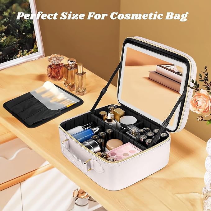 JUSRON Travel Makeup Bag With LED Mirror, Cosmetic Train Case with Light up - Image 2