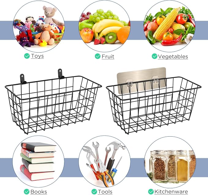 4 Pack Hanging Wall Basket Wire Storage Baskets, Adhesive Basket - Image 5