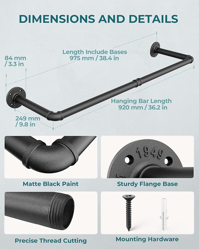 OROPY Industrial Pipe Clothes Rack Wall Mounted Set of 2, 38.4 inches Heavy - Image 3