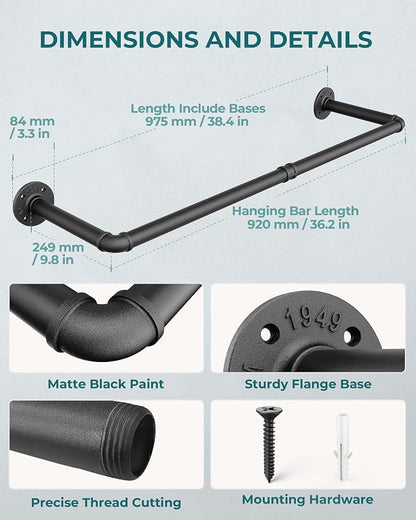 OROPY Industrial Pipe Clothes Rack Wall Mounted Set of 2, 38.4 inches Heavy - Image 3