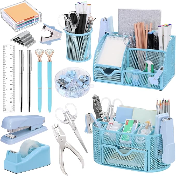 17 in 1 Blue Desk Organizers and Accessories Set, 3 Office Desk Supplies by Froidesente