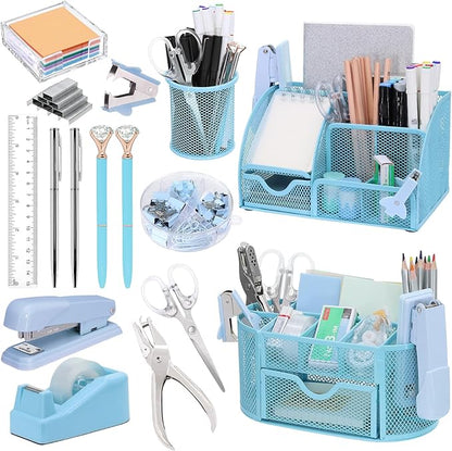 17 in 1 Blue Desk Organizers and Accessories Set, 3 Office Desk Supplies by Froidesente