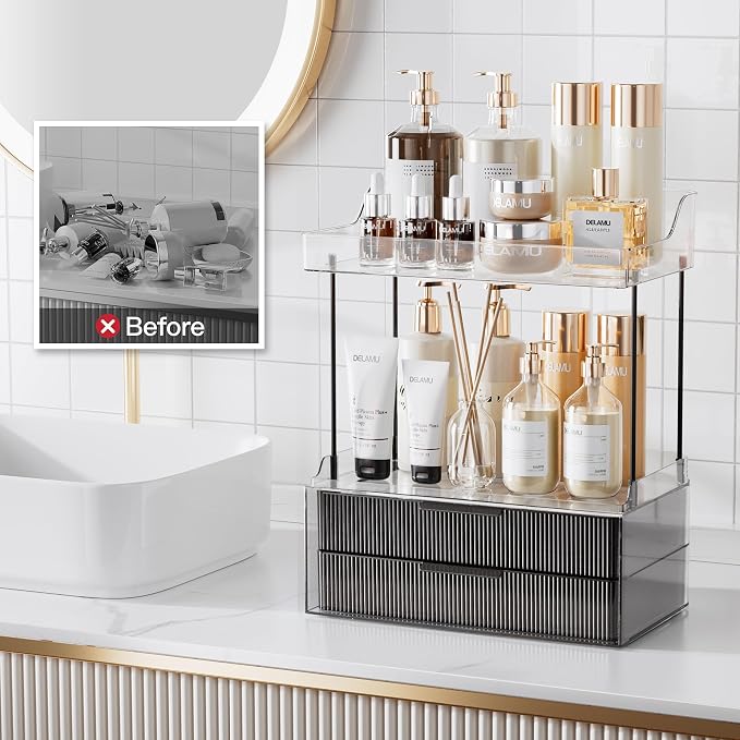 Delamu Bathroom Organizers and Storage, 2 Tier 2 Drawer Makeup Organizer - Image 6