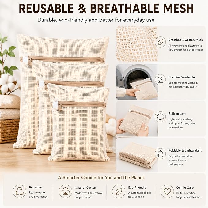 Cotton Mesh Laundry Bags, Clothes and Shoes, Natural Breathable Washer and - Image 3