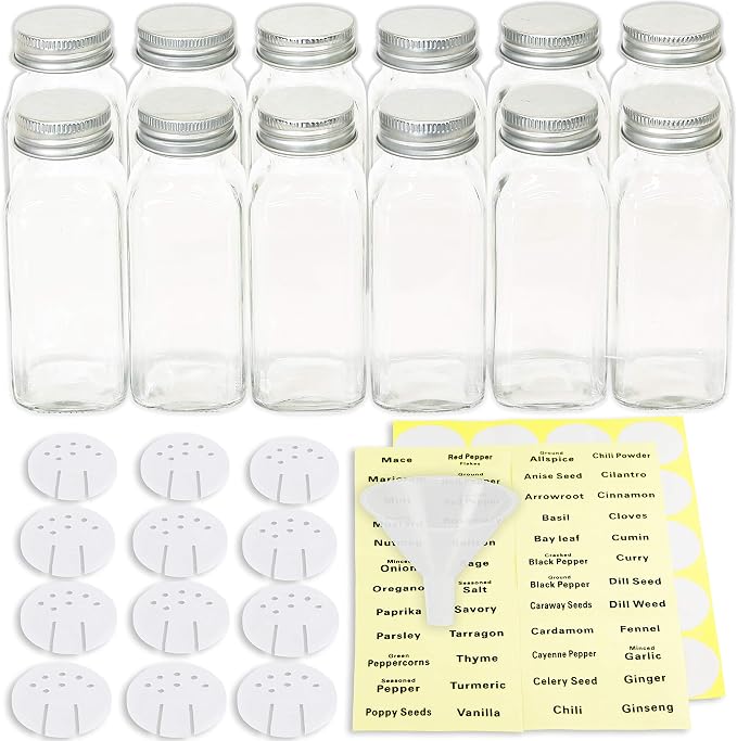 Simple Houseware 12-Pack 6 oz Glass Spice Jars, Square Bottles - Image 2