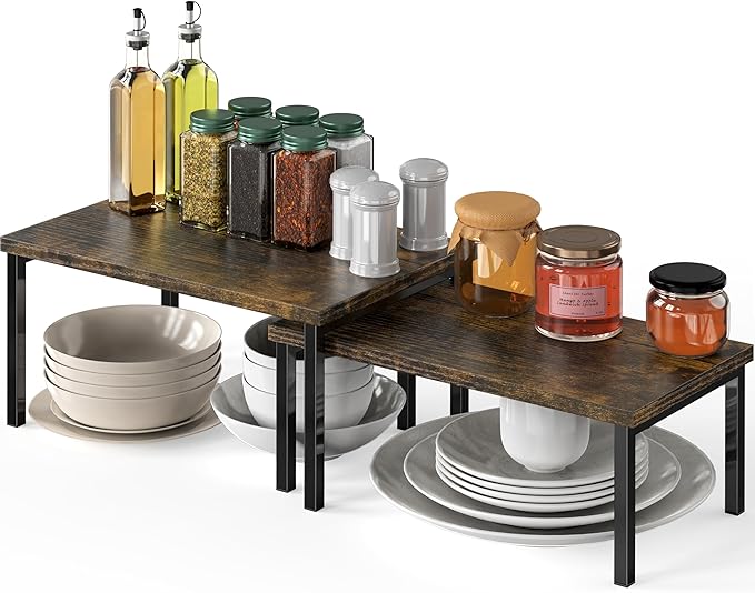 Simple Houseware Stackable Cabinet Counter Shelf Wooden Top, Rustic Brown | by SimpleHouseware