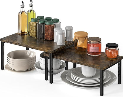 Simple Houseware Stackable Cabinet Counter Shelf Wooden Top, Rustic Brown | by SimpleHouseware