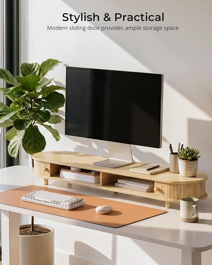 Bamboo Dual Monitor Stand with Storage, Curved Double Computer Laptop Stand - Image 2