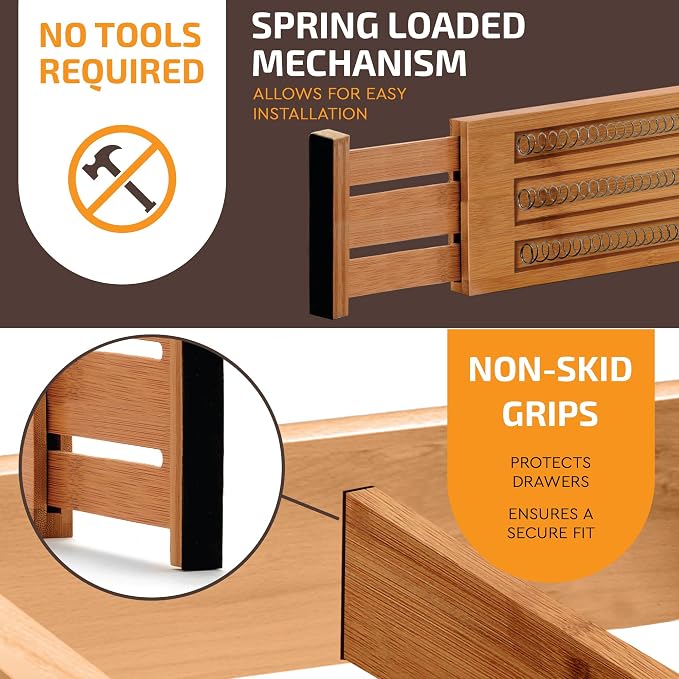 6 Pack Drawer Dividers 4 Inch High, 11”-17" Adjustable Bamboo Organizers Large - Image 4