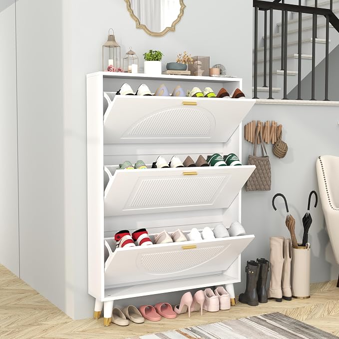 White Shoe Storage Cabinet: 32" Ultra Thin Small Shoe Cabinet - Image 3
