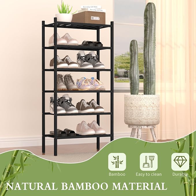 6-Tier Bamboo Small Shoe Rack, Free Standing Wood Shoe Shelf Storage Organizer - Image 4
