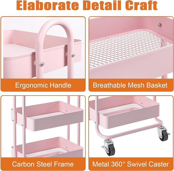 4 Tier Metal Rolling Cart Pink Utility Cart - Image 5