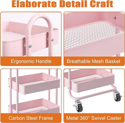 4 Tier Metal Rolling Cart Pink Utility Cart - Image 5