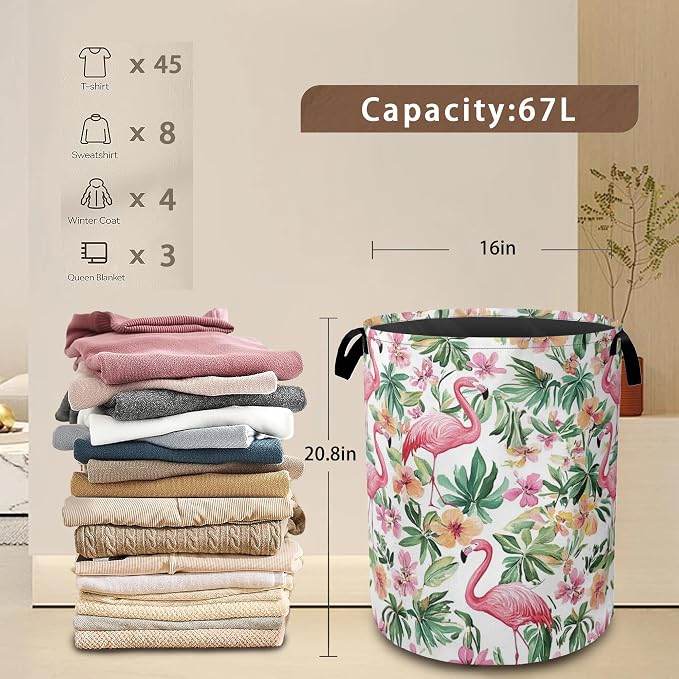 Pink Flamingo Laundry Basket, Floral Plam Collapsible Laundry Baskets - Image 3