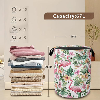 Pink Flamingo Laundry Basket, Floral Plam Collapsible Laundry Baskets - Image 3