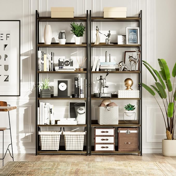 NUMENN Bookshelf, 6 Tier Freestanding Shelving Unit, Dark Walnut | Metal Frame - Image 4
